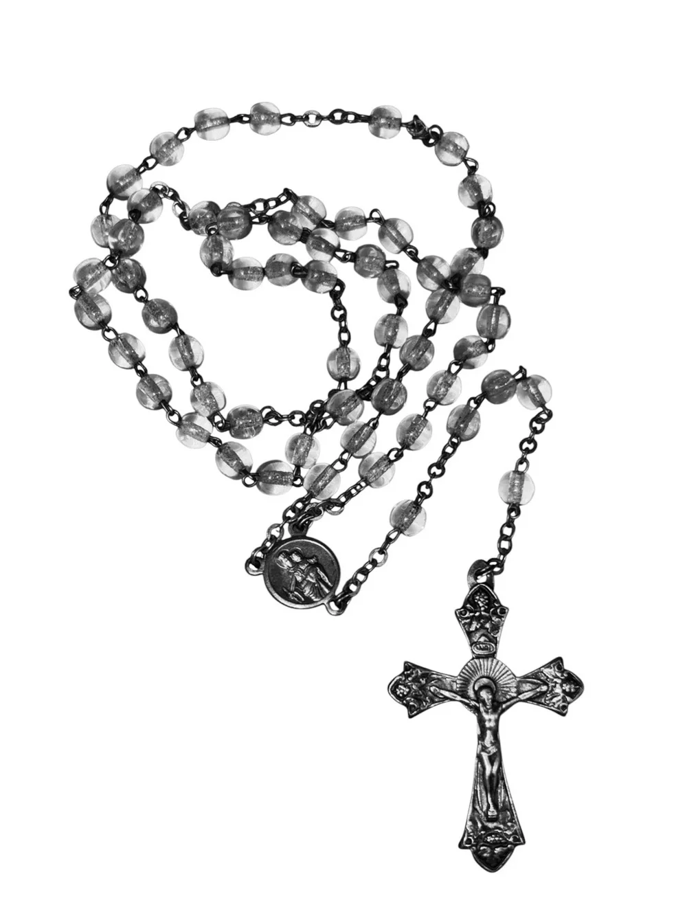 Vintage Clear Glass Beads Rosary With Leather Case Italy Crucifix Medal